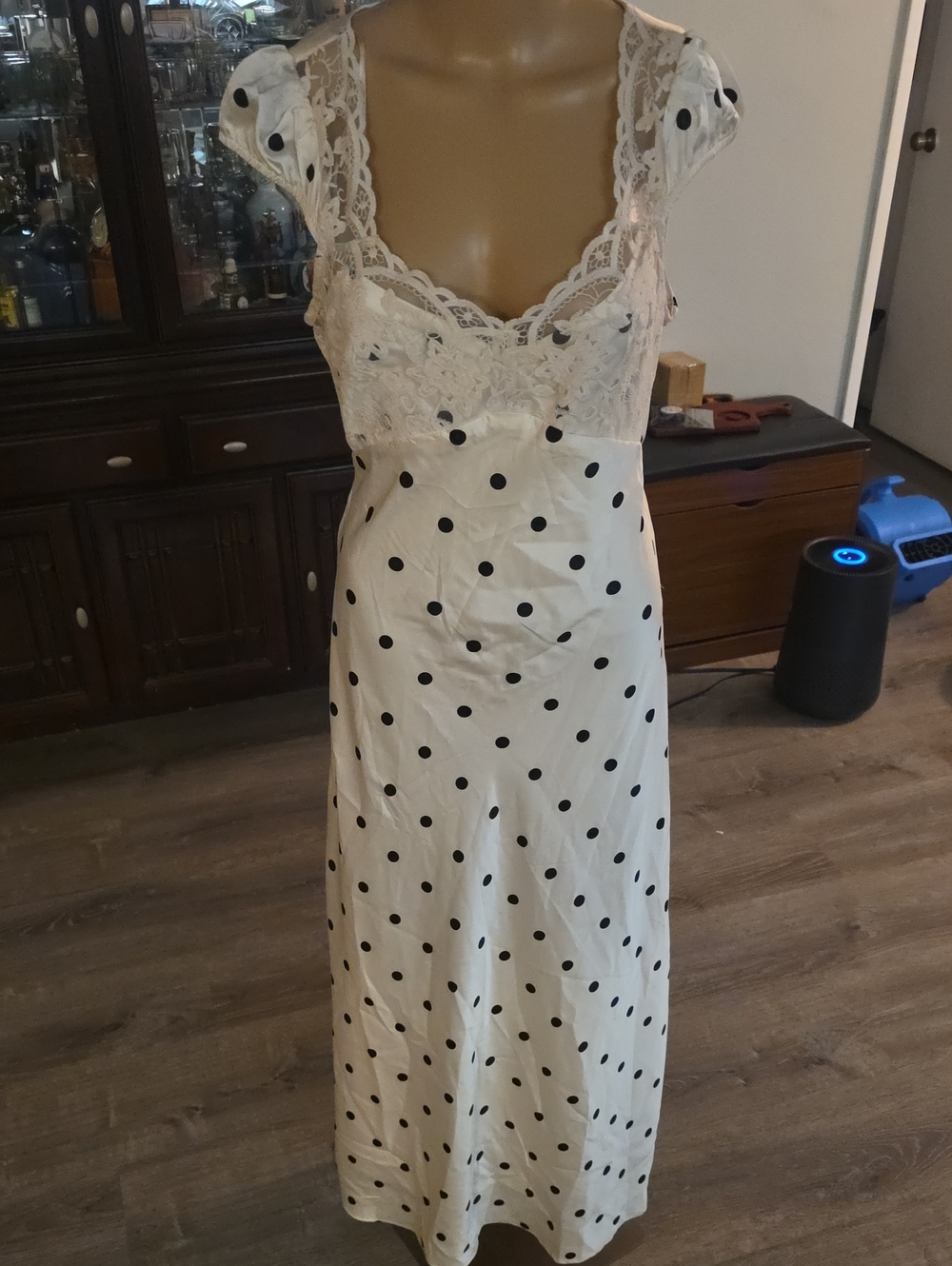 NWT Thirty Thirty White/Beige & Black Polka Dot Lace-Trim Slip Dress Size Large